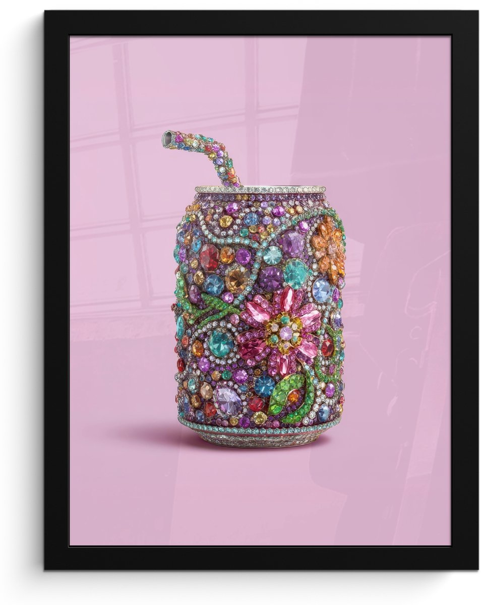 FrameYourWall Poster in lijst - Fotolijst 30x40 cm - Posters - Frisdrankblikje - Bloemenpatroon - Edelstenen - Kleurrijk - Posterlijst zwart - Decoratie - Wanddecoratie woonkamer - Muurdecoratie slaapkamer Frisdrankblikje - Edelstenen