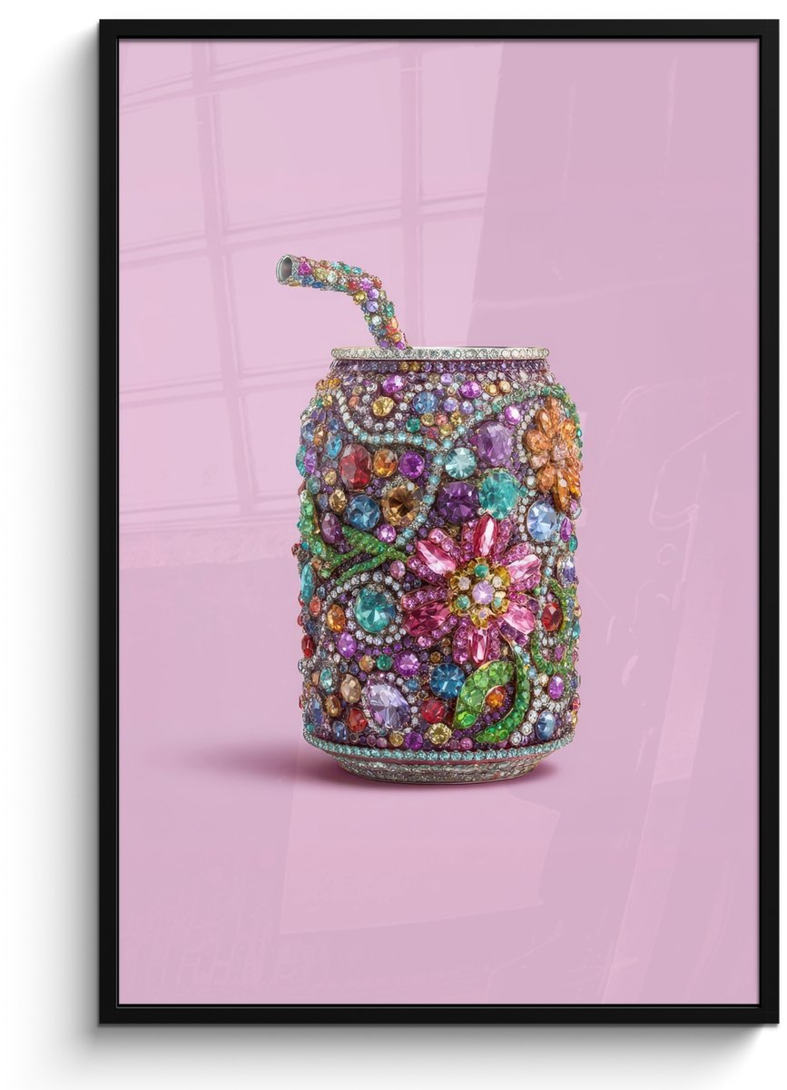 FrameYourWall Poster in lijst - Fotolijst 80x120 cm - Posters - Frisdrankblikje - Bloemenpatroon - Edelstenen - Kleurrijk - Posterlijst zwart - Decoratie - Wanddecoratie woonkamer - Muurdecoratie slaapkamer Frisdrankblikje - Edelstenen