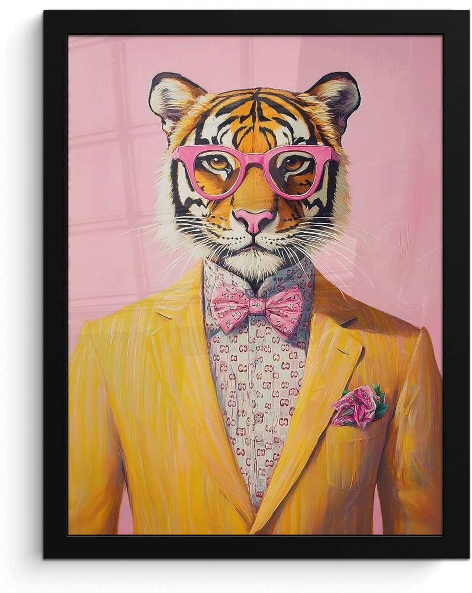 FrameYourWall Poster in lijst - Fotolijst 30x40 cm - Posters - Tijger - Bril - Geel - Jasje - Posterlijst zwart - Decoratie - Wanddecoratie woonkamer - Muurdecoratie slaapkamer