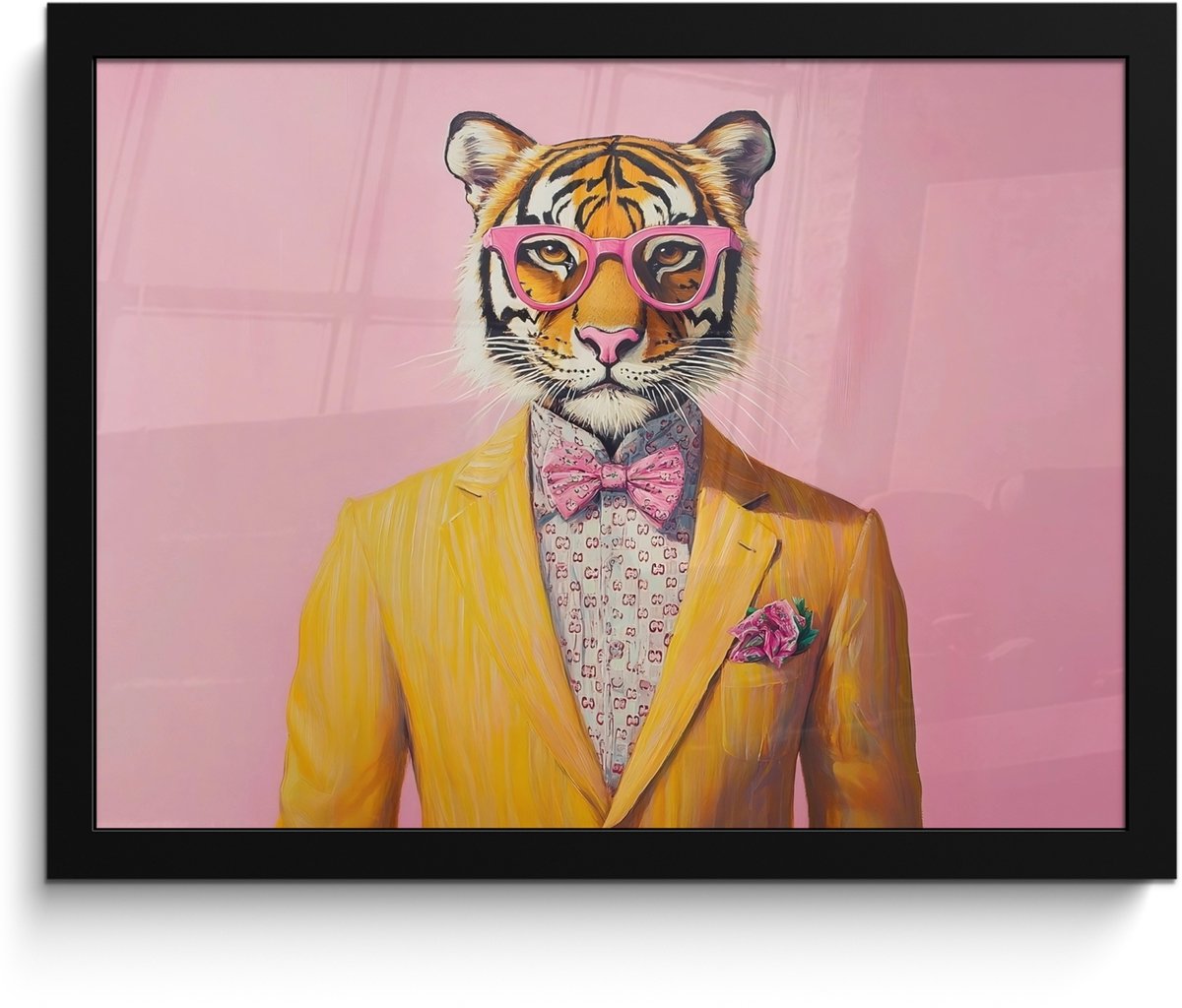 FrameYourWall Poster in lijst - Fotolijst 40x30 cm - Posters - Tijger - Bril - Geel - Jasje - Posterlijst zwart - Decoratie - Wanddecoratie woonkamer - Muurdecoratie slaapkamer