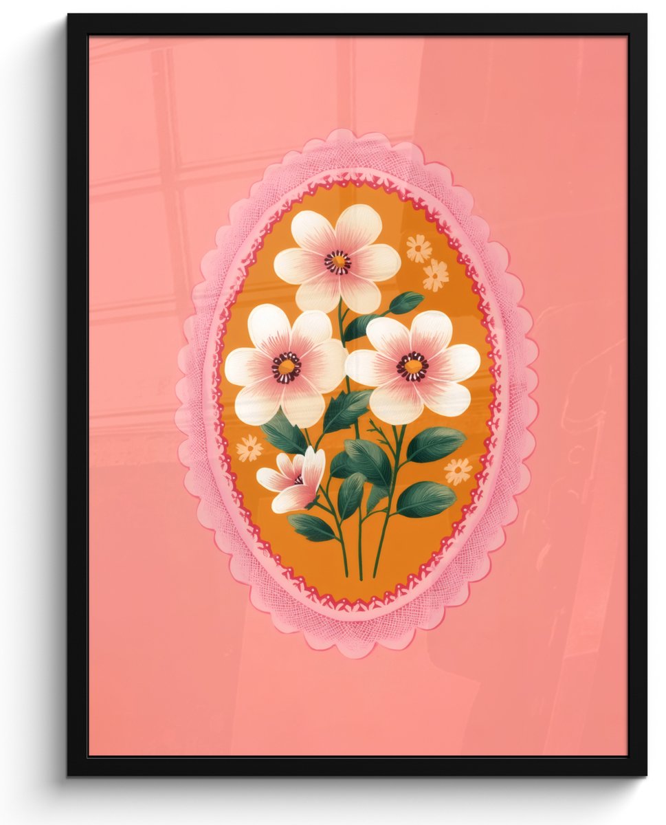 FrameYourWall Poster in lijst - Fotolijst 60x80 cm - Posters - Illustratie - Bloemen - Rand - Roze - Posterlijst zwart - Decoratie - Wanddecoratie woonkamer - Muurdecoratie slaapkamer