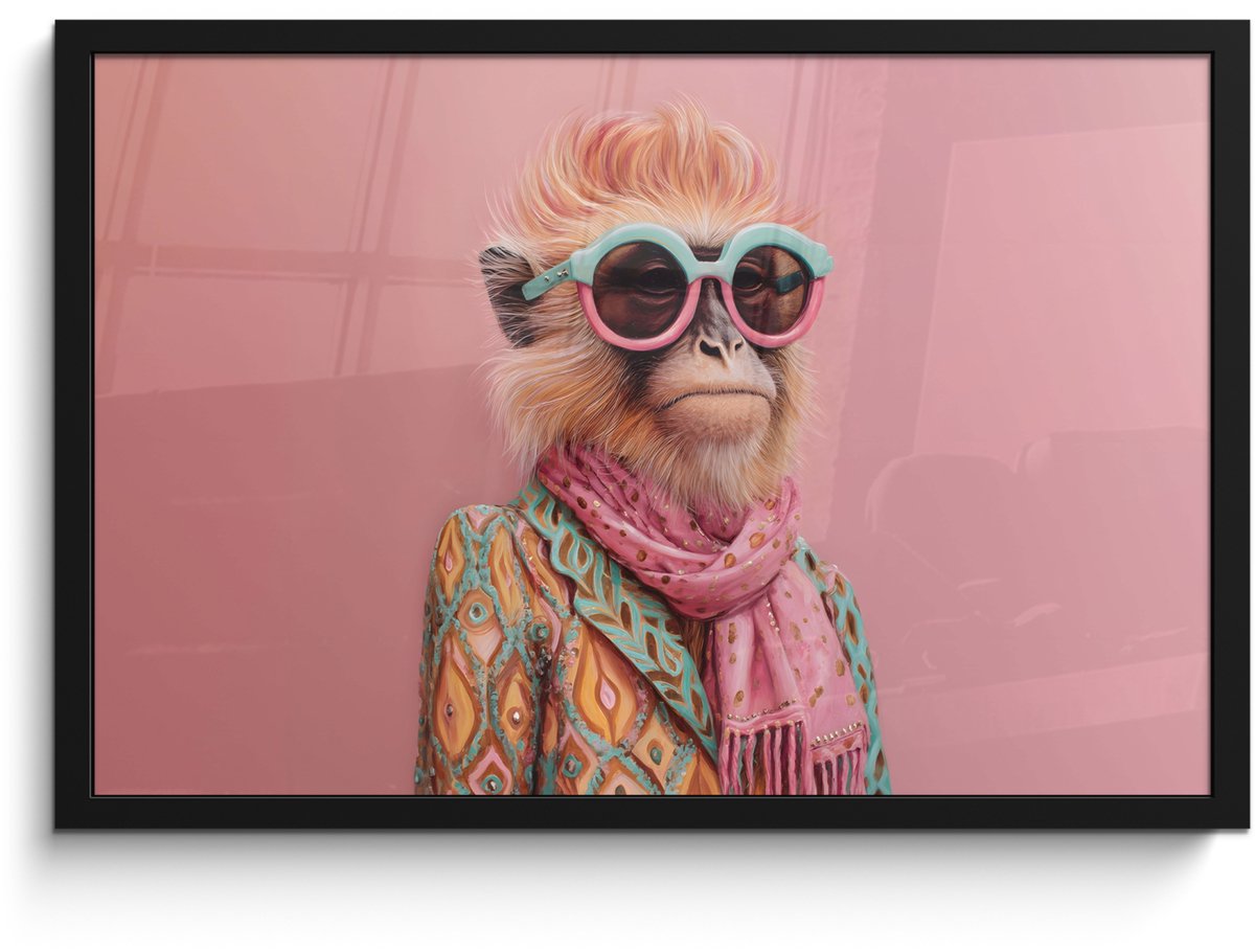 FrameYourWall Poster in lijst - Fotolijst 60x40 cm - Posters - Sjaal - Aap - Zonnebril - Jasje - Posterlijst zwart - Decoratie - Wanddecoratie woonkamer - Muurdecoratie slaapkamer