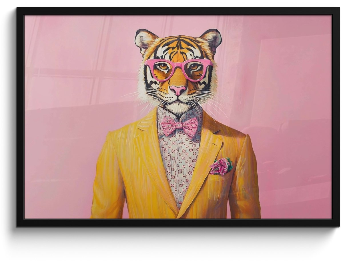 FrameYourWall Poster in lijst - Fotolijst 90x60 cm - Posters - Tijger - Bril - Geel - Jasje - Posterlijst zwart - Decoratie - Wanddecoratie woonkamer - Muurdecoratie slaapkamer