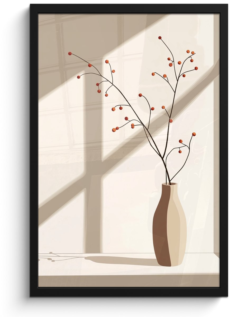 FrameYourWall Poster in lijst - Fotolijst 40x60 cm - Posters - Vaas - Takken - Bessen - Minimalistisch - Posterlijst zwart - Decoratie - Wanddecoratie woonkamer - Muurdecoratie slaapkamer