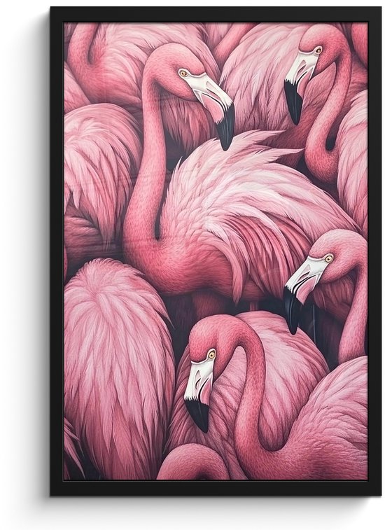 Poster in lijst - Fotolijst 40x60 cm - Posters - Flamingo - Roze - Dieren - Posterlijst zwart - Decoratie - Wanddecoratie woonkamer - Muurdecoratie slaapkamer