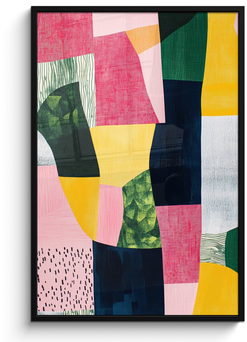 FrameYourWall Poster in lijst - Fotolijst 80x120 cm - Posters - Abstract - Roze - Lappen - Vormen - Geel - Posterlijst zwart - Decoratie - Wanddecoratie woonkamer - Muurdecoratie slaapkamer