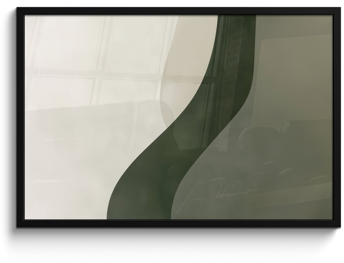 FrameYourWall Poster in lijst - Fotolijst 90x60 cm - Posters - Japandi - Groen - Abstract - Modern - Posterlijst zwart - Decoratie - Wanddecoratie woonkamer - Muurdecoratie slaapkamer Lijn