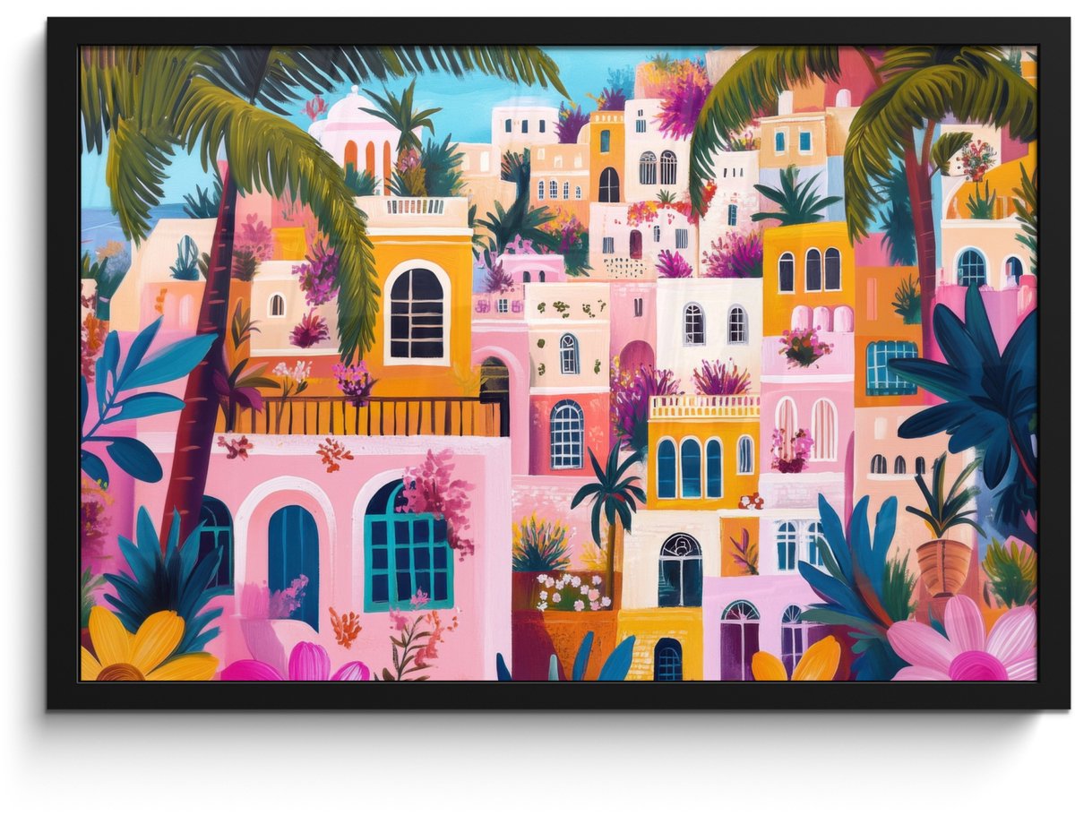 FrameYourWall Poster in lijst - Fotolijst 60x40 cm - Posters - Kleurrijk - Roze - Oranje - Geel - Bloemen - Posterlijst zwart - Decoratie - Wanddecoratie woonkamer - Muurdecoratie slaapkamer Stad - Kleurrijk
