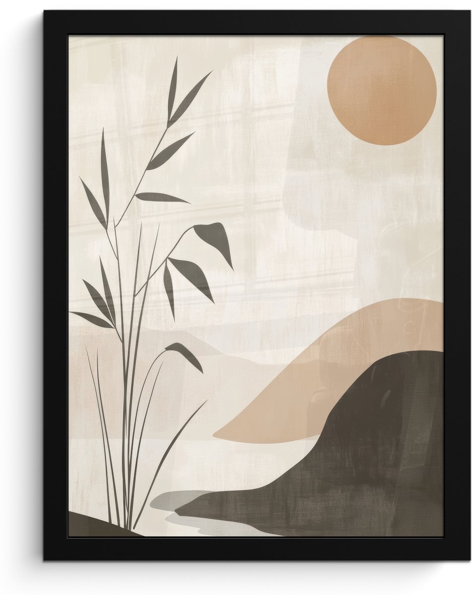 FrameYourWall Poster in lijst - Fotolijst 30x40 cm - Posters - Japandi - Landschap - Beige - Posterlijst zwart - Decoratie - Wanddecoratie woonkamer - Muurdecoratie slaapkamer Natuur