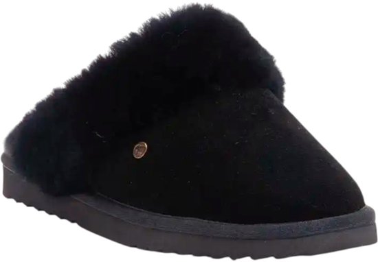 Zwarte suède pantoffel met voering van schapenvacht.