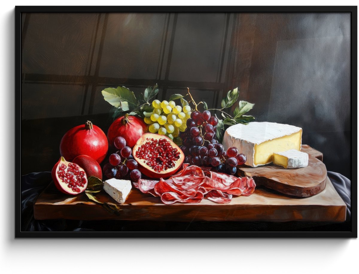 FrameYourWall Poster in lijst - Fotolijst 120x80 cm - Posters - Borrelplank - Stilleven - Vintage - Posterlijst zwart - Decoratie - Wanddecoratie woonkamer - Muurdecoratie slaapkamer Fruitplank - Stilleven