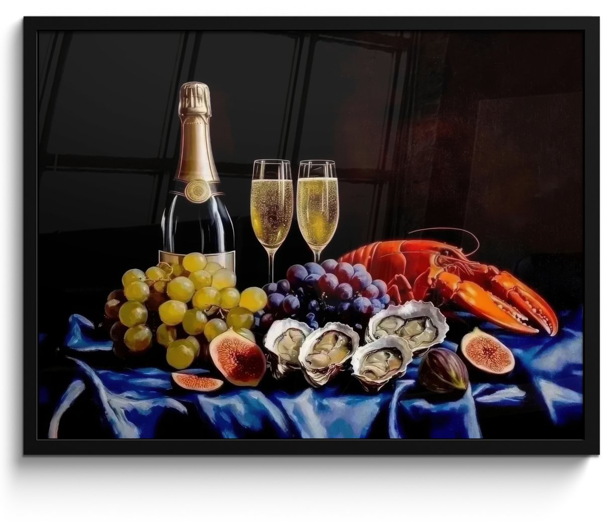 FrameYourWall Poster in lijst - Fotolijst 80x60 cm - Posters - Champagne - Luxe - Oesters - Posterlijst zwart - Decoratie - Wanddecoratie woonkamer - Muurdecoratie slaapkamer Champagne - Stilleven