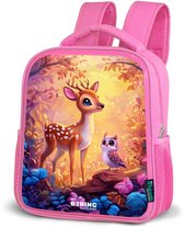 NoBoringSuitcases.com® - Rugzak roze - Schooltas meisjes - Hertje en uil in een roze sprookjesbos - Kinder rugtas meisje - Boekentas kind - Kinderrugzak voor school - Sinterklaas cadeau - Cadeautjes voor kinderen - Kind schoencadeautjes