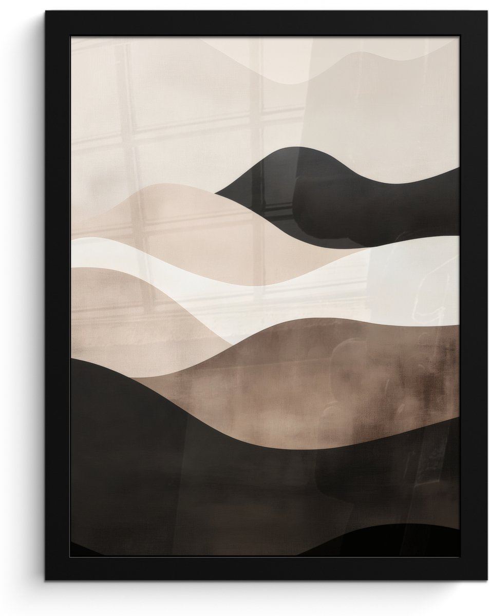 FrameYourWall Poster in lijst - Fotolijst 30x40 cm - Posters - Abstract - Landschap - Golven - Crèmekleur - Posterlijst zwart - Decoratie - Wanddecoratie woonkamer - Muurdecoratie slaapkamer Golven - Abstract - Crèmekleur