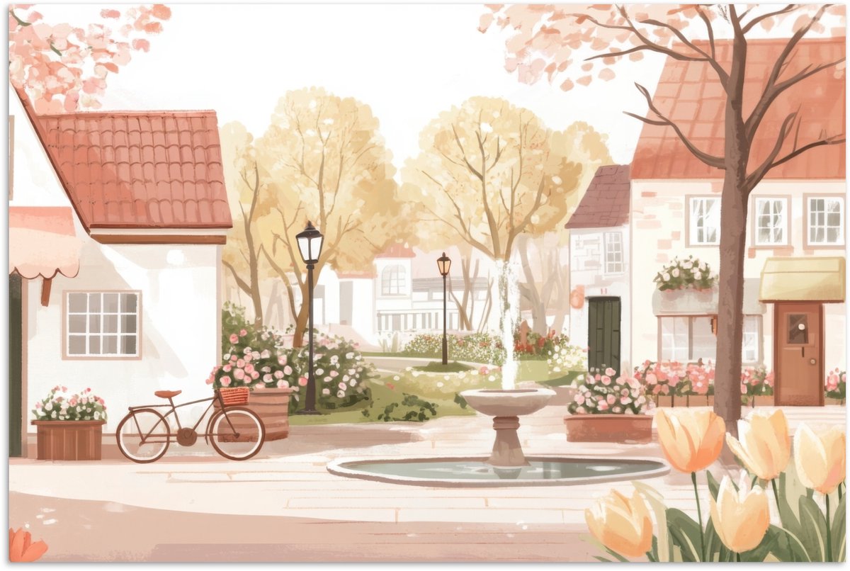 Poster 120x80 cm - Dorpsplein - Fontein - Tulpen - Posters - Kamer decoratie - Wanddecorat