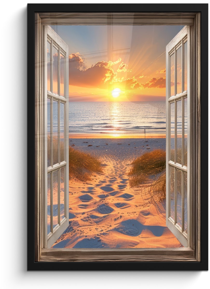 FrameYourWall Poster in lijst - Fotolijst 40x60 cm - Posters - Doorkijk - Strand - Duinen - Zonsondergang - Posterlijst zwart - Decoratie - Wanddecoratie woonkamer - Muurdecoratie slaapkamer Zonsondergang - Duinen