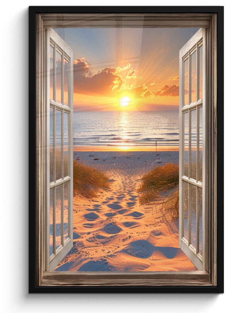 FrameYourWall Poster in lijst - Fotolijst 60x90 cm - Posters - Doorkijk - Strand - Duinen - Zonsondergang - Posterlijst zwart - Decoratie - Wanddecoratie woonkamer - Muurdecoratie slaapkamer Zonsondergang - Duinen