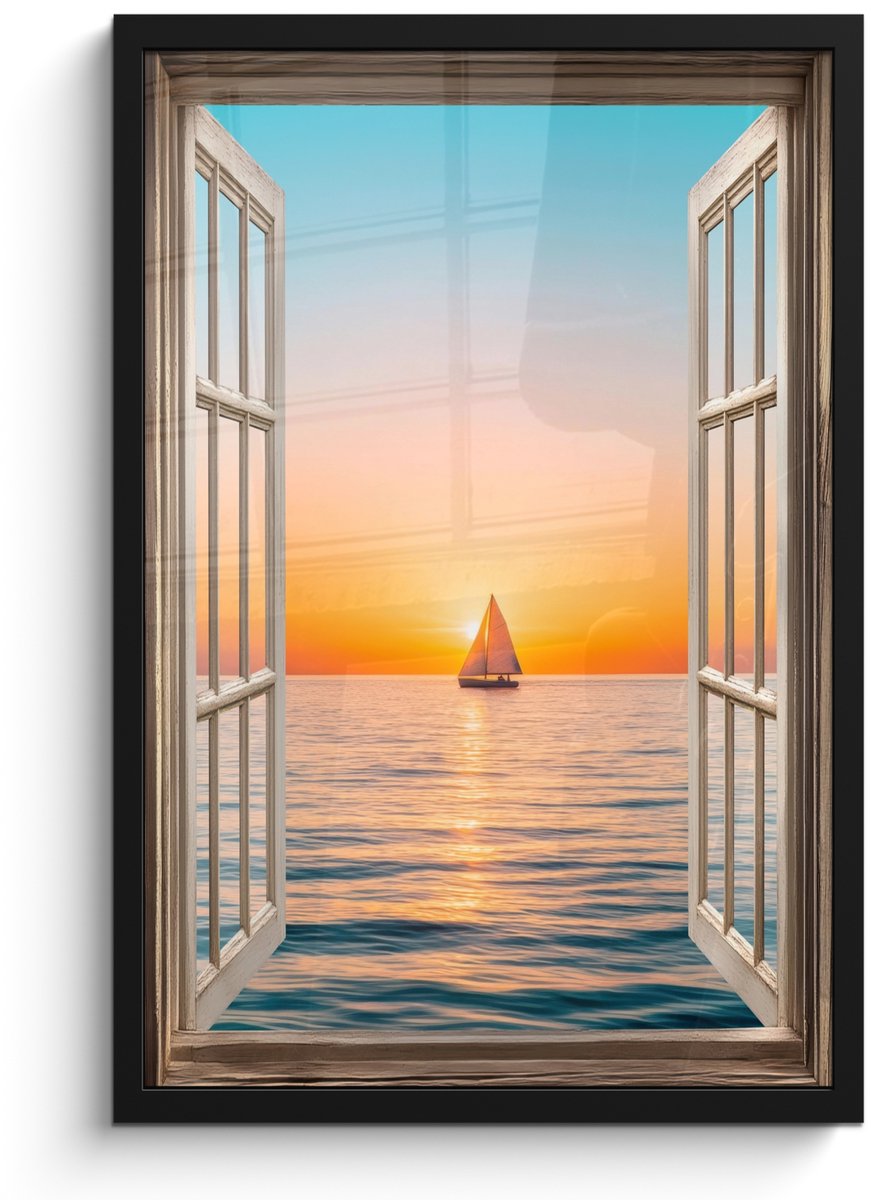 FrameYourWall Poster in lijst - Fotolijst 40x60 cm - Posters - Doorkijk - Zee - Boot - Zonsondergang - Posterlijst zwart - Decoratie - Wanddecoratie woonkamer - Muurdecoratie slaapkamer Zonsondergang - Boot