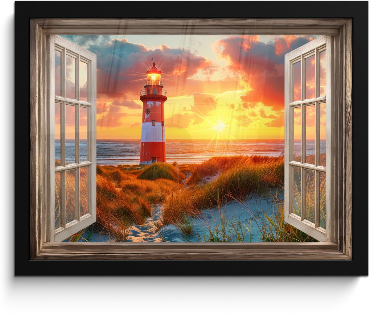 FrameYourWall Poster in lijst - Fotolijst 40x30 cm - Posters - Doorkijk - Raam - Vuurtoren - Zonsondergang - Strand - Posterlijst zwart - Decoratie - Wanddecoratie woonkamer - Muurdecoratie slaapkamer Zonsondergang - Vuurtoren