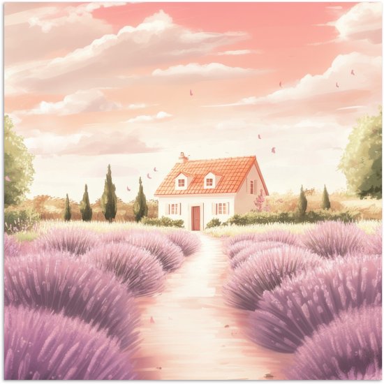 Artistieke print van een huisje in een paars lavendelveld onder een roze zonsondergang.