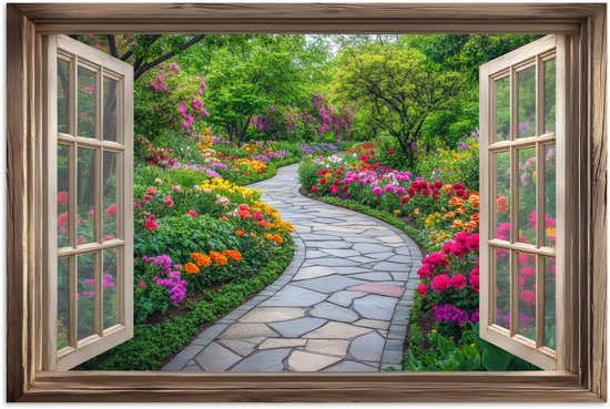 Affiche 180x120 cm - Vue - Fleurs - Allée de jardin - Nature - Fenêtre - Posters - Décoration chambre - Décoration murale salon - Décoration murale chambre XXL