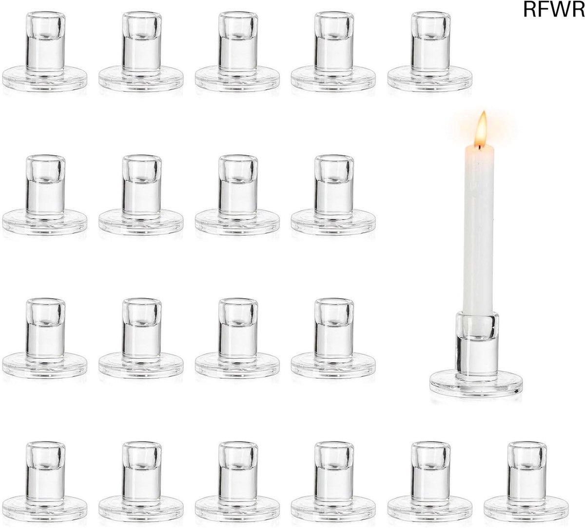 RFWR Glazen Kandelaar Set - 20 Stuks Elegante Kaarsenhouders voor Taper en Waxinelichtjes - Perfect voor Bruiloft en Feestdecoratie Transparant