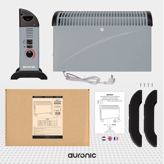 Overzicht van de Auronic grijze convectorkachel met toebehoren: handleiding, verpakking, extra handvatten en stroomkabel met stekker.