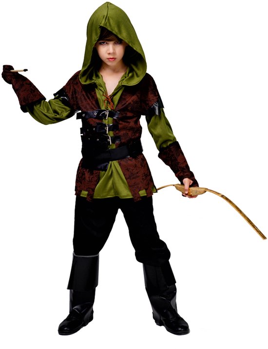 Kostuum Jongens Robin Hood – 4-6 Jaar – Inclusief Shirt met Capuchon, Broek, Riem, Laarzenhoezen en Handschoenen – Carnaval & Verkleedkleding