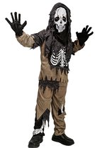 Jongen draagt een griezelig skeletkostuum in bruin en zwart, met een masker en verfomfaaide kleding.