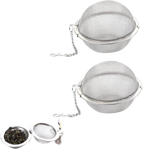 Brenzoos - Thee-ei set van roestvrij staal voor losse bladeren en specerijen - 2 stuks - Fijn net - Verlengde kettinghaak - Diameter 5 cm