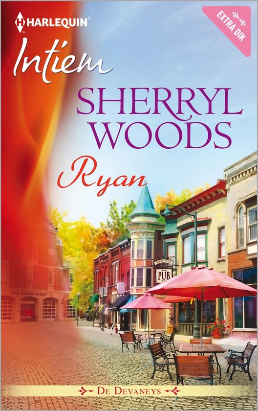 Boekomslag met de titel 'Intiem' en 'Ryan' door Sherryl Woods. Op de achtergrond een dorpsstraat met gebouwen en terrassen.