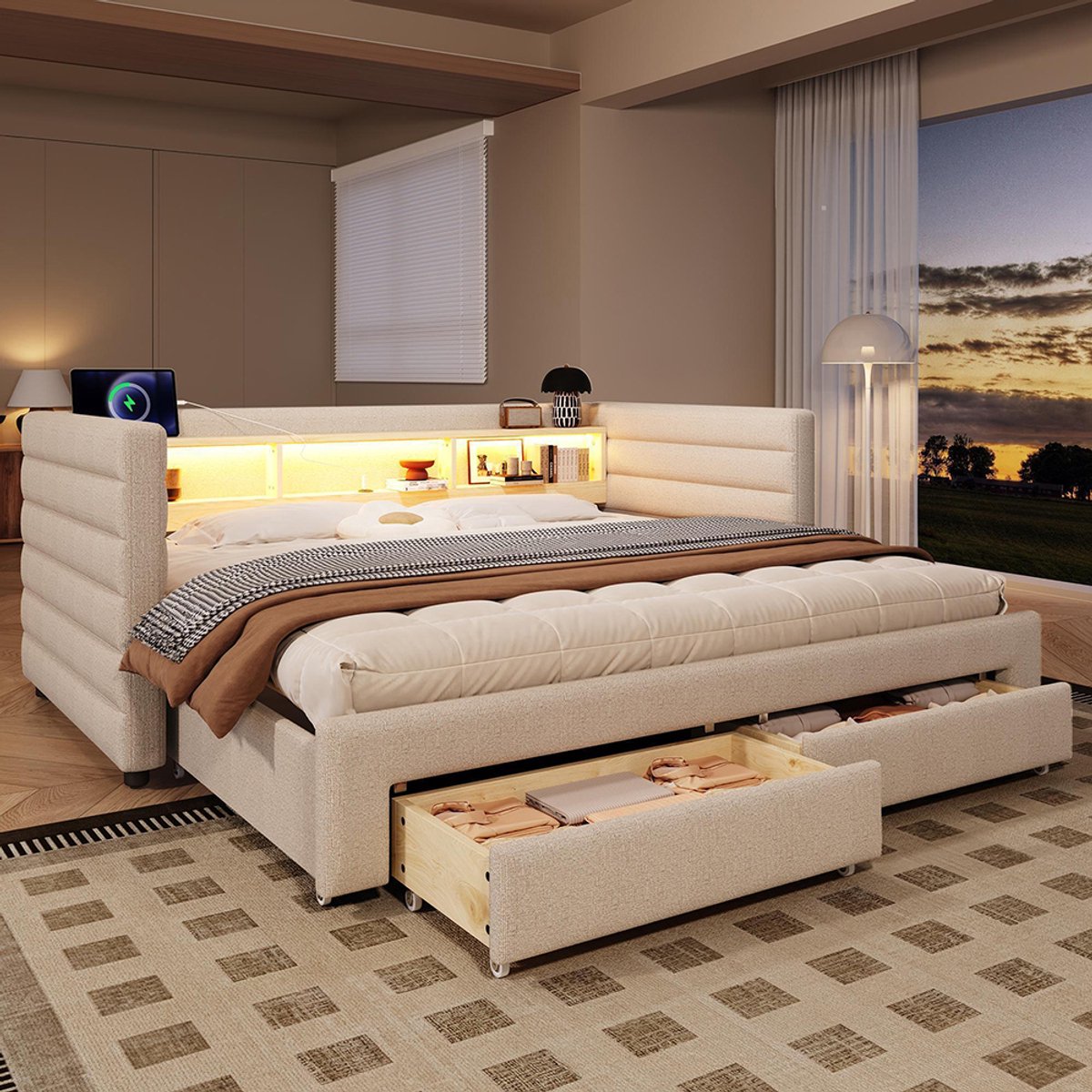 Pugsdrly Dagbed, slaapbank, slaapbank, 90 × 190 cm, multifunctioneel ontwerp met uitschuifbaar bed, USB- + Type-C-poorten, met twee lades, meerdere opbergvakken, LED-lichtstrip, zonder matras, fluweel, beige