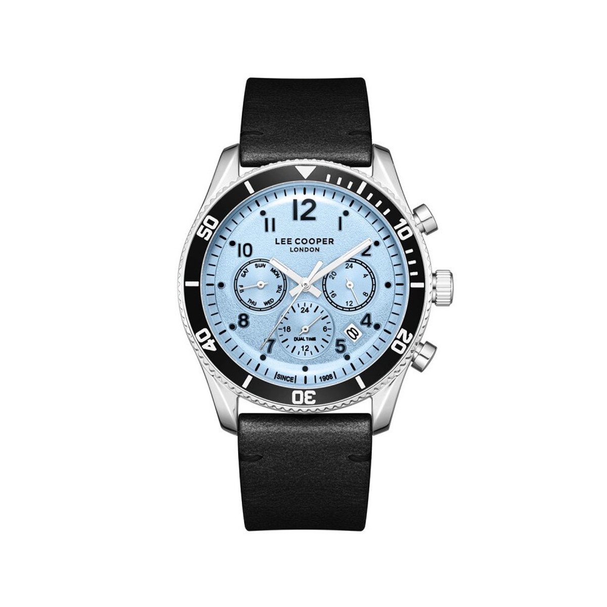 Lee Cooper LC08260.301 - Horloge - Polshorloge - Analoog - Heren - Mannen - Leren band - Metaal - Rond - Strepen - Cijfers - Stippen - Dagaanduiding - Datumaanduiding - Dual time - 12-24 - Zilverkleurig - Lichtblauw - Zwart - Wit