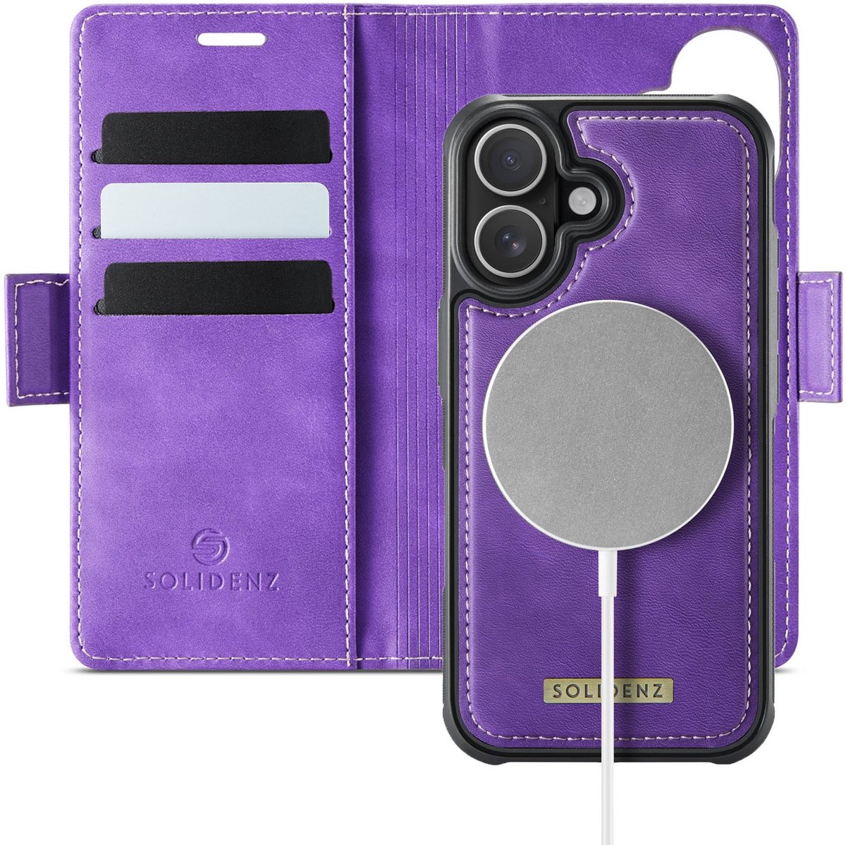 Solidenz Luxe 2-in-1 Wallet Hoesje geschikt voor iPhone 16 - Geschikt voor MagSafe Hoes - Afneembare Case - Paars