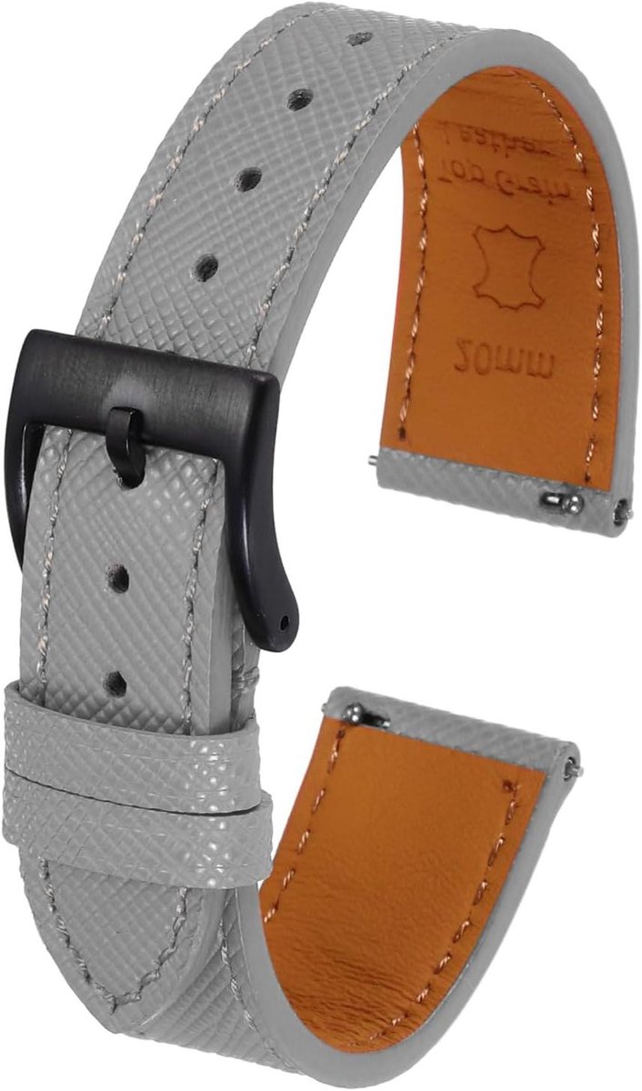 Allecto plus - Leren horlogebandje 21mm grijs, snelwissel, reservearmband met zwarte gesp - Unisex.