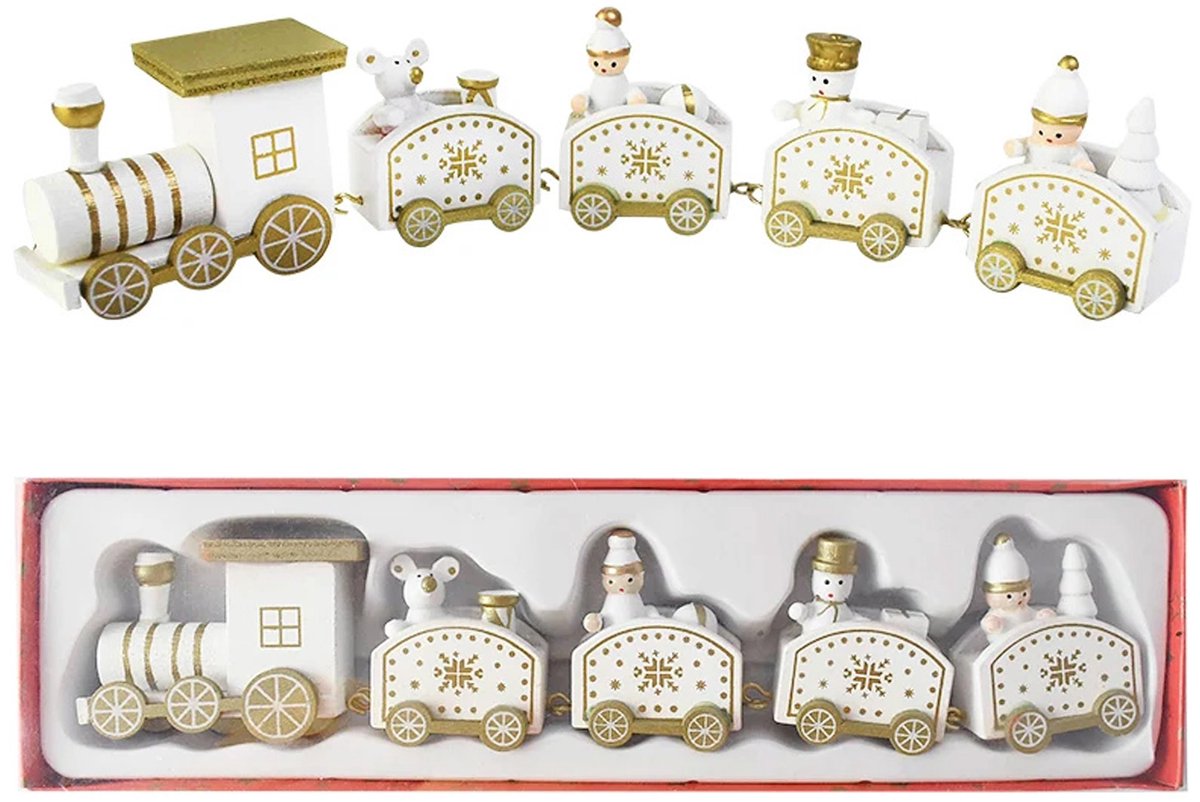 Houten mini-kersttrein met witte houten treindecoratie - perfect voor kersttafel en festivalfeestdecoratie.
