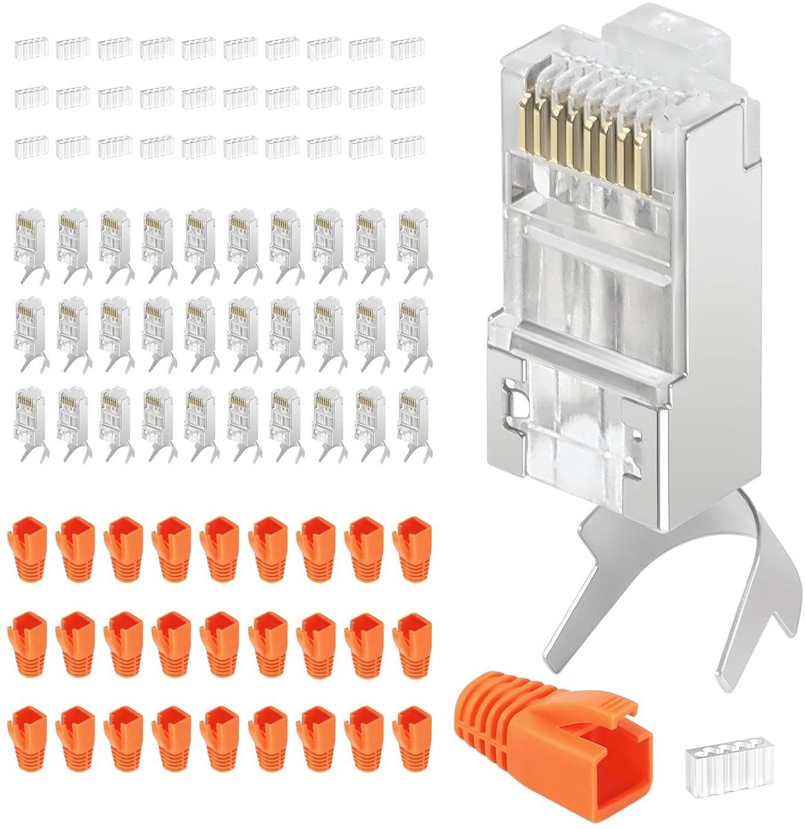 Allecto plus - RJ45-stekker Set voor Netwerk, Cat7 Ethernet Connector, 30-Delige Set met Oranje Beschermhoes. Plug voor TV, PS4, TV Box, Router, PC.