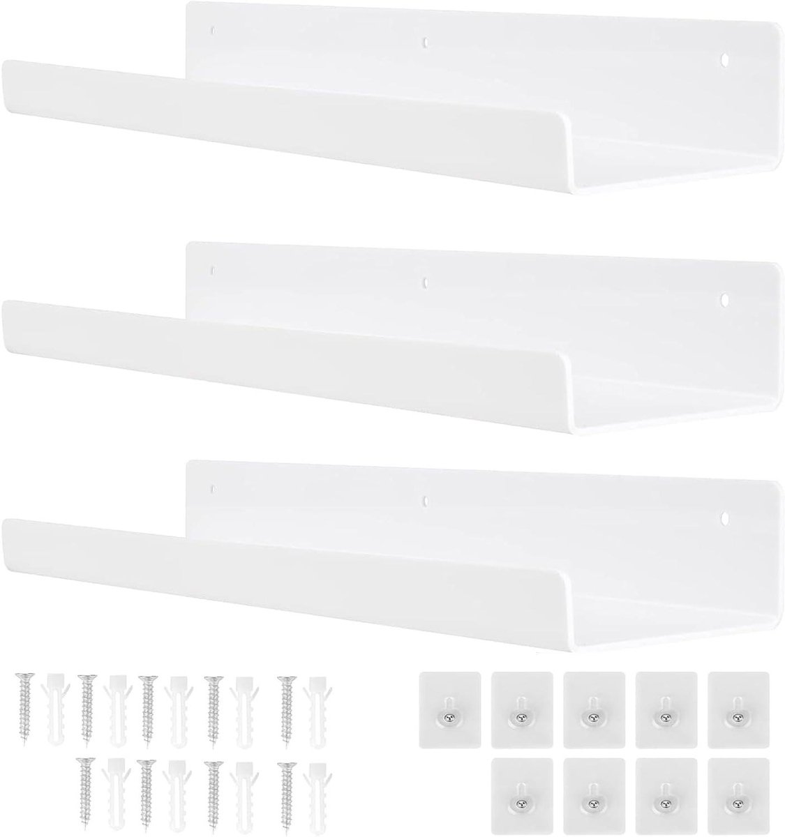 Allecto plus - Set van 3 witte wandrekken voor wandmontage - Geen boren nodig - Acryl materiaal - Modern kubusdesign - Zelfklevend - Voor badkamer, slaapkamer, keuken en woonkamer