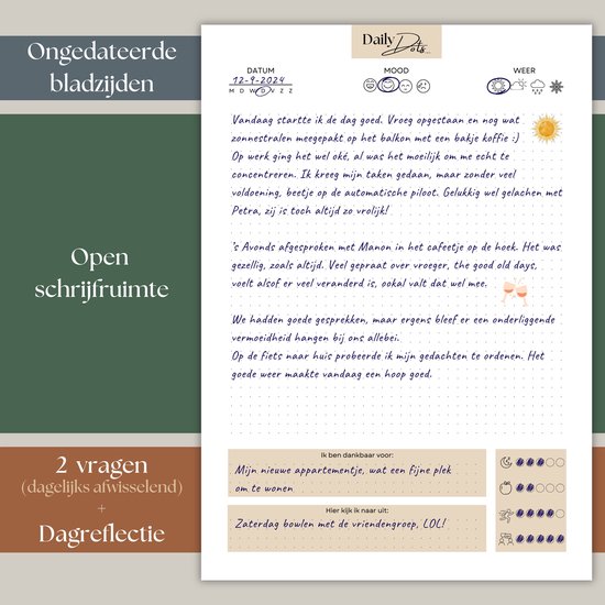 Een pagina uit een dagboek met ingevuld schema, notities en vragen over persoonlijke groei, gedateerd 12-7-2024.
