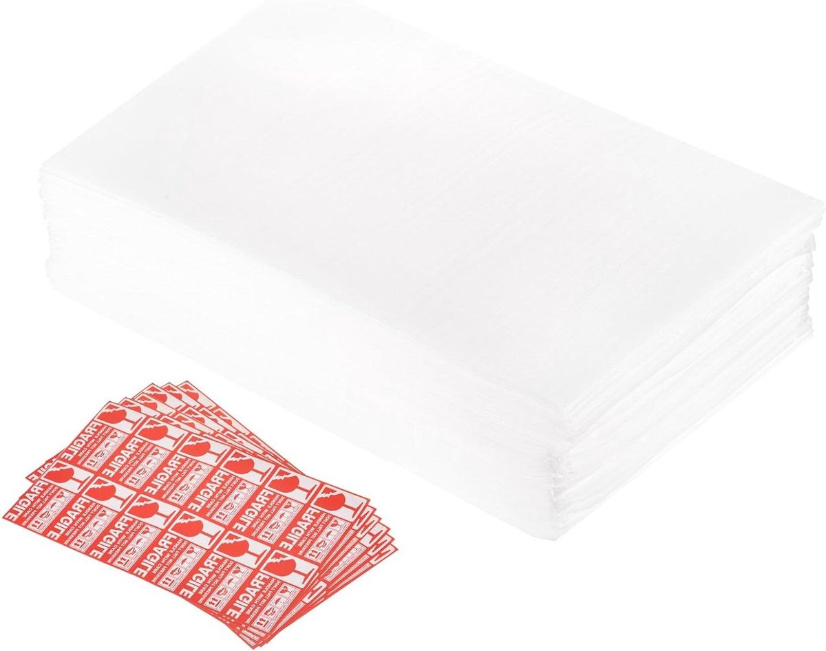 Allecto plus - Schuimstofverpakkingstassen 100 stuks 20 x 30 cm - Luchtkussenfolie Zakken - Wit - 60 Fragiele Labels - Servies Meubels Glazen Kopjes Verhuizingen