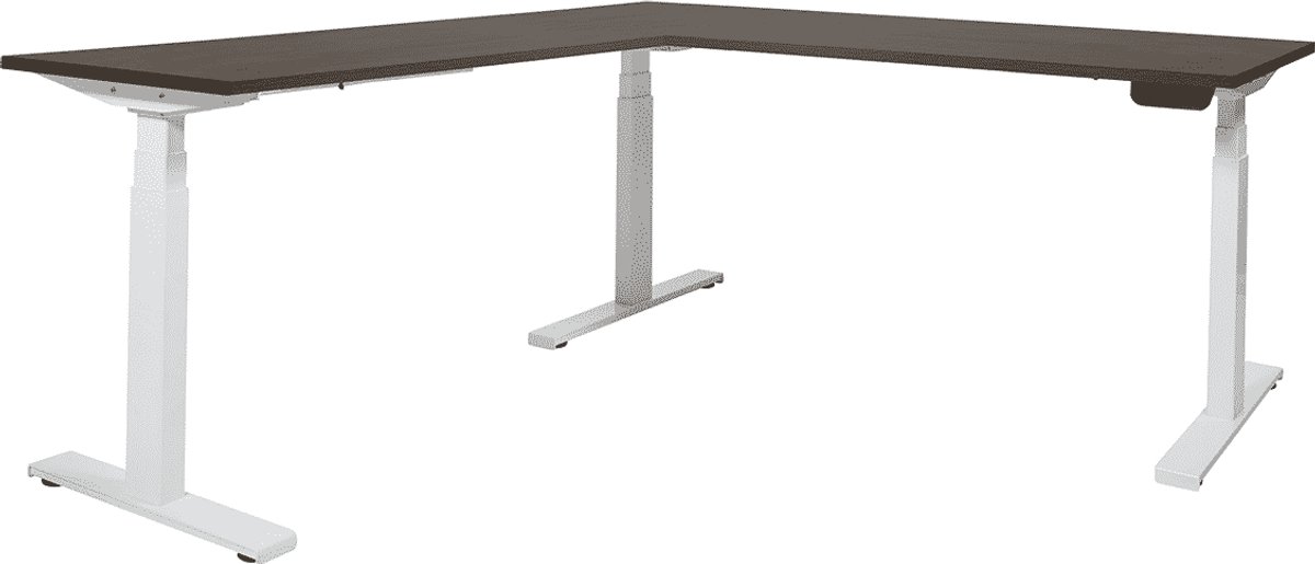 Dextro Plus Hoek-opstelling elektrisch zit/sta bureau frame Wit (RAL9010) blad Robson Eiken 160CMx160CM
