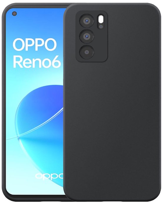Zwart flexibel siliconen TPU hoesje naast een Oppo Reno6 telefoon.