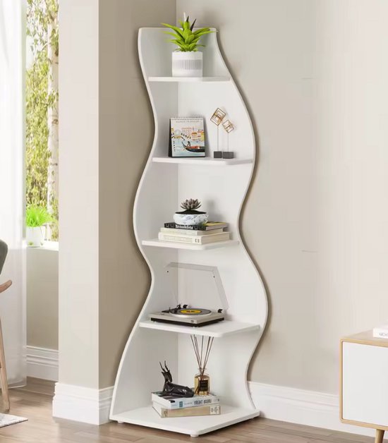 Meuble d'angle mural et bibliothèque – Design ondulé – 5 Planches – Hauteur 71,85 cm – Wit – Meuble de rangement élégant pour salon, chambre ou Cuisine
