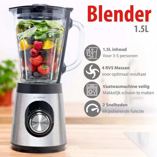 alpina Blender Smoothie 1.5L - Mixer 500W met Glazen Kan - Keukenmixer met 2 Snelheden en Pulserende Functie - Antislip Voetjes - Eenvoudig te Reinigen van Alpina — afbeelding 2