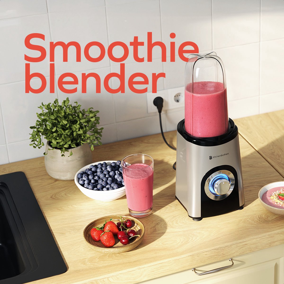 KitchenBrothers Smoothie Blender - 2-in-1 - Blender to Go - 4 Bekers - Smoothie Maker To Go - Mini Blender - Zilver – foto 2