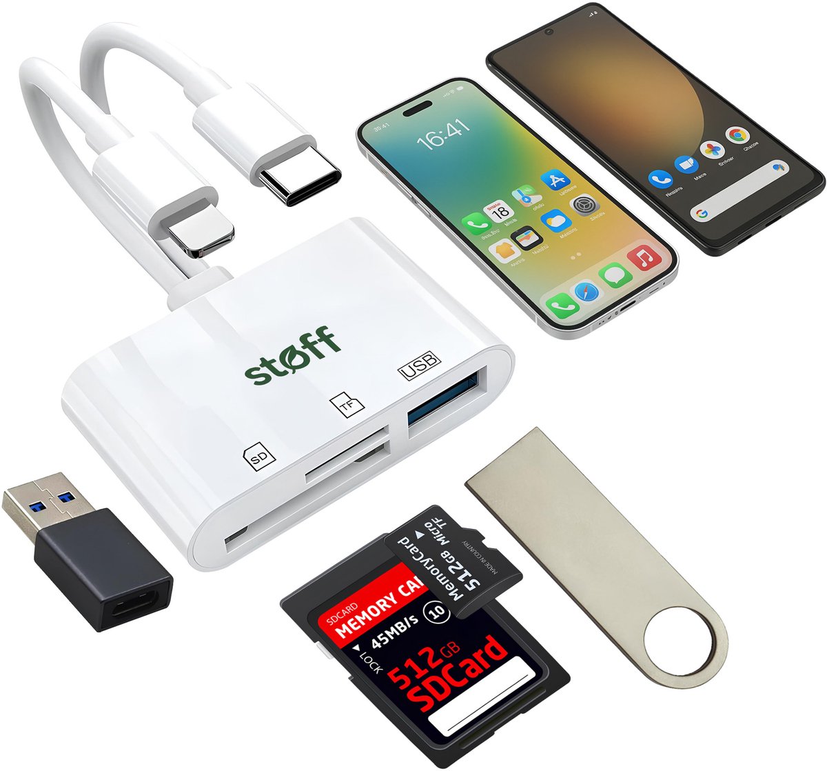 Stoff – SD Kaartlezer SD Kaart Lezer - 3 in 1 - SD / Micro SD / TF Card Reader - Kaartlezer - Geschikt voor Macbook Pro / Air / Windows / Universeel - Inclusief USB C naar USB A converter