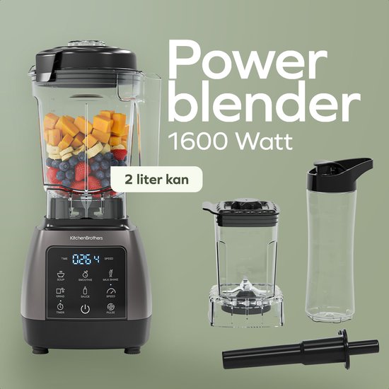 KitchenBrothers Power Blender Set - 1600W - 2L - Complete Set - To-go Beker - Smoothie Maker - Metallic Grijs van KitchenBrothers — afbeelding 2