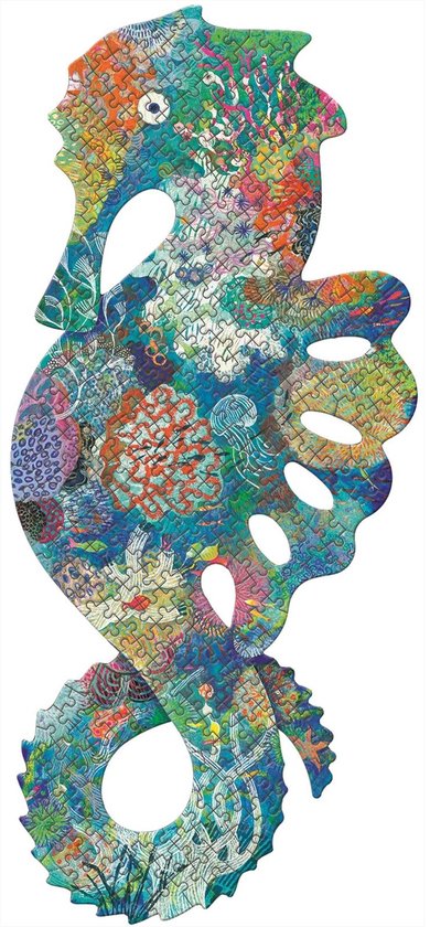 Een opengewerkte Djeco Puzz'Art 350 stukjes 'Zee paardje' puzzel, met een kleurrijke en gedetailleerde illustratie van een zeepaardje in de vorm van de puzzel.