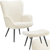 Fauteuil à oreilles tectake® avec pouf de style scandinave | Chaise Teddy Hygge | Chaise Bouclé pour Salon, Chambre | Chaise longue de déclaration | Capacité de charge jusqu'à 150 kg - noir crème