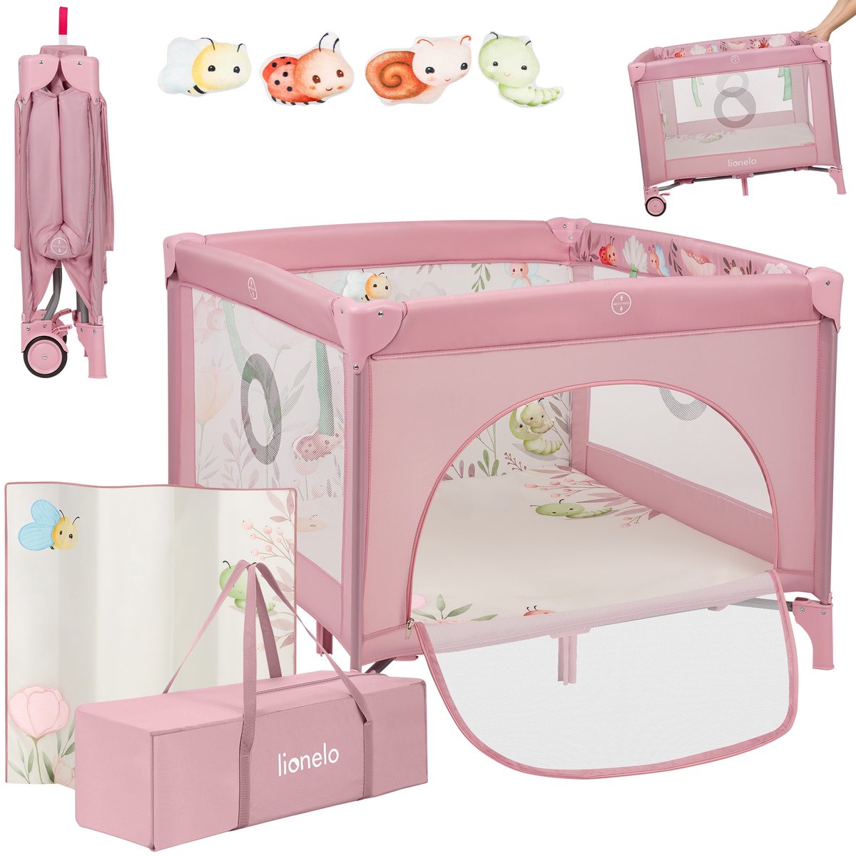 Lionelo Mille Plus Kinderbox 0-36 maanden – Babybox met T25 schuimmatras, educatief speelgoed, handgrepen voor leren staan, inklapbaar & mobiel, zijdeur met ritssluiting – speelbox voor thuis en op reis